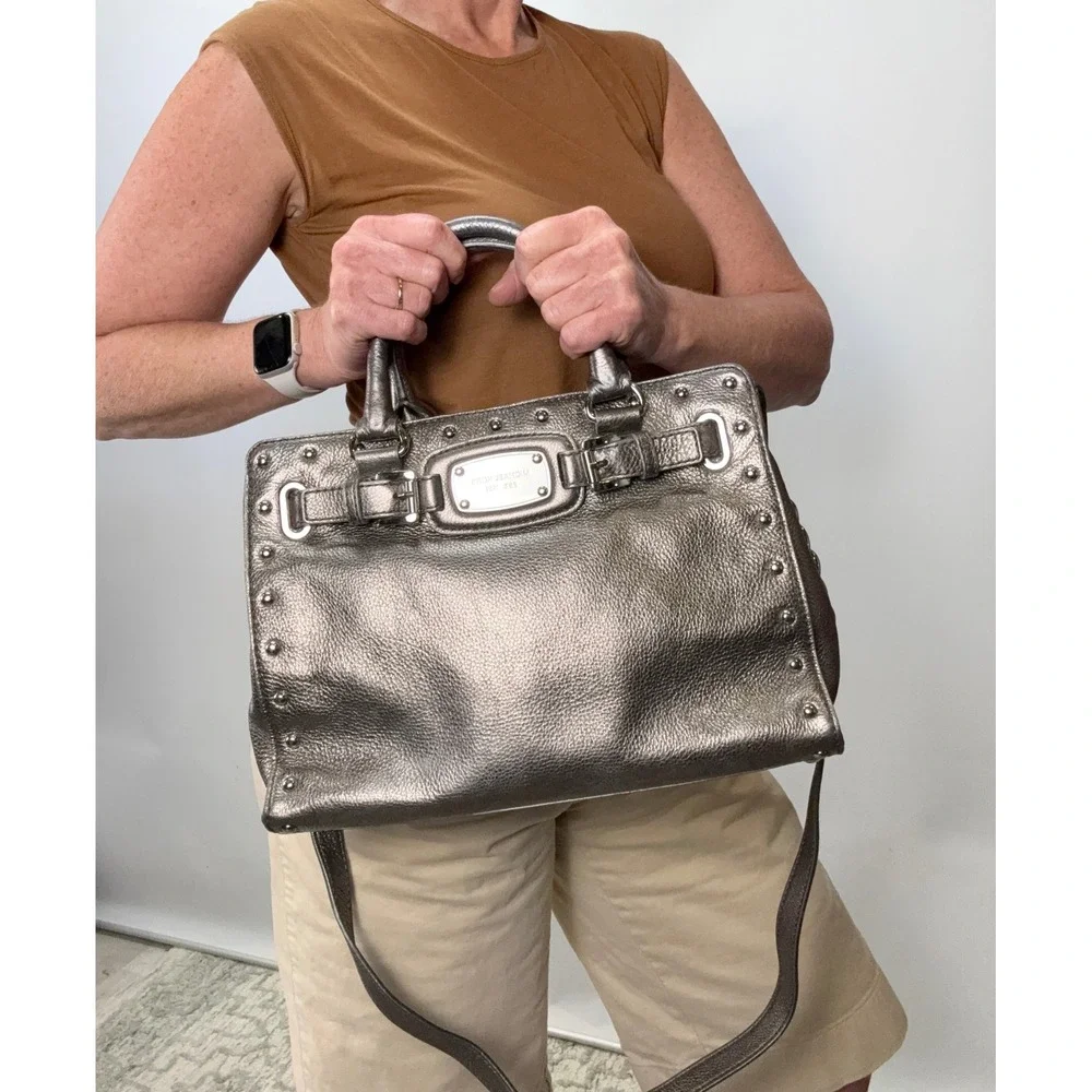 Michael Kors Hamilton Satchel Metallic Pewter Studded Leather Crossbody Bag